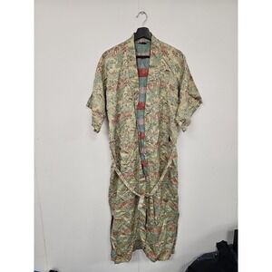 Kimono Robe Womens Large Beige Floral Satin Belted 3/4 Sleeve V Neck Lounge